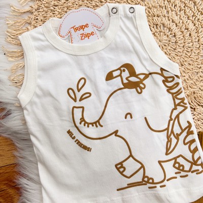 Conj. Regata Wild Friends Elefante e Bermuda em Moletinho - Off White e Caramelo